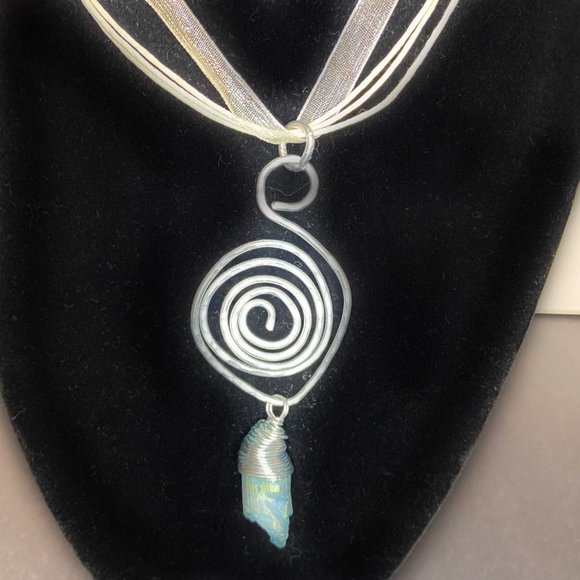 Hammered Stainless Steel Wire Pendant w/ Wrapped Blue Dyed Quartz Stone - Picture 2 of 12